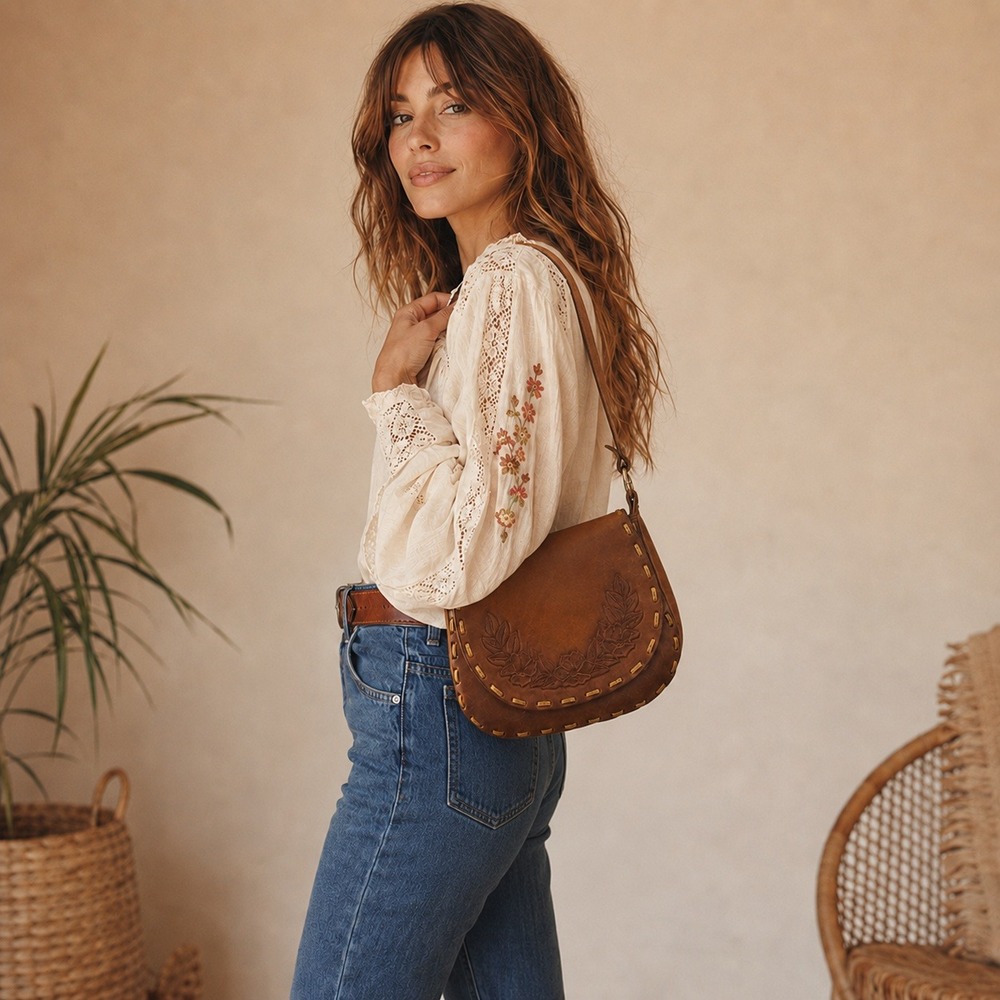 Handmade 70s Brown Tooled Leather Floral Saddle Bag Crossbody Whipstitch